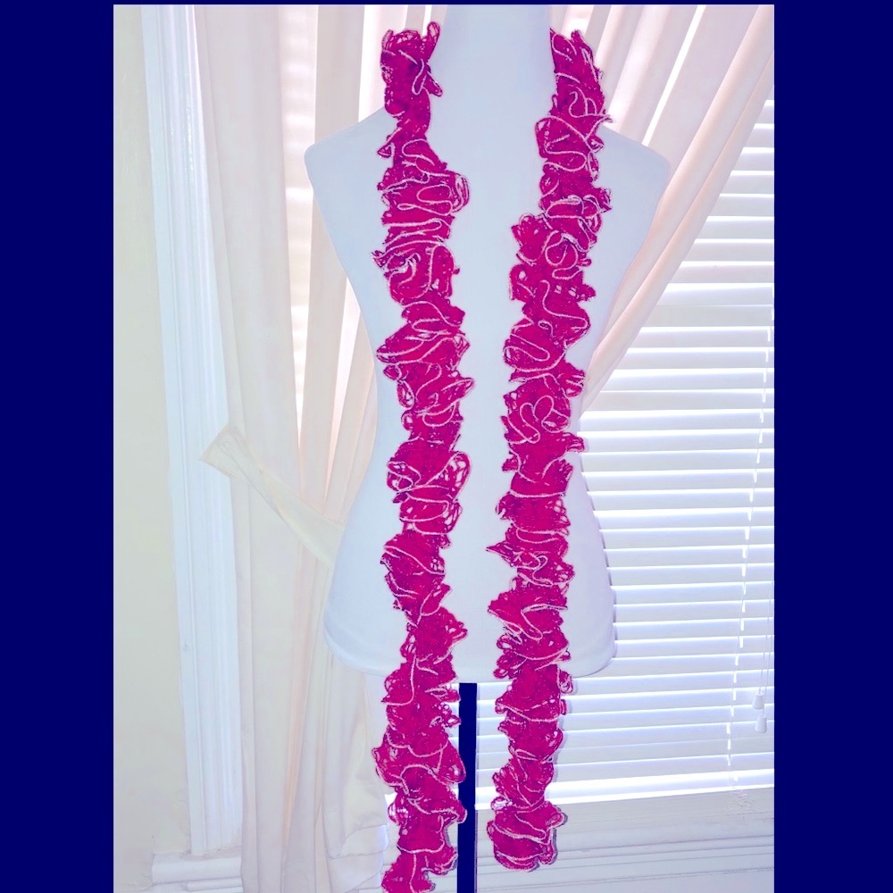 Handmade Ruffle Crochet Scarf, Red w/Silver - Picture 4 of 7